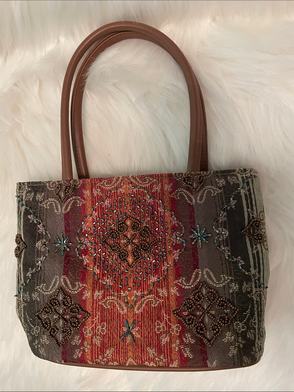 Americana by Sharif - Beaded Embellished Tapestry Handbag in Green Brown Rust.